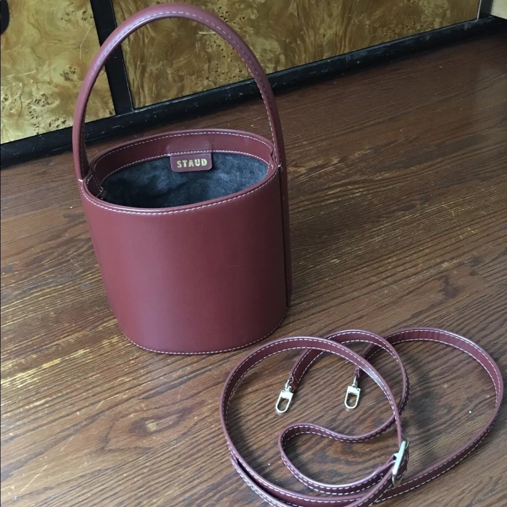 STAUD Leather Bisset Bucket Bag Burgundy